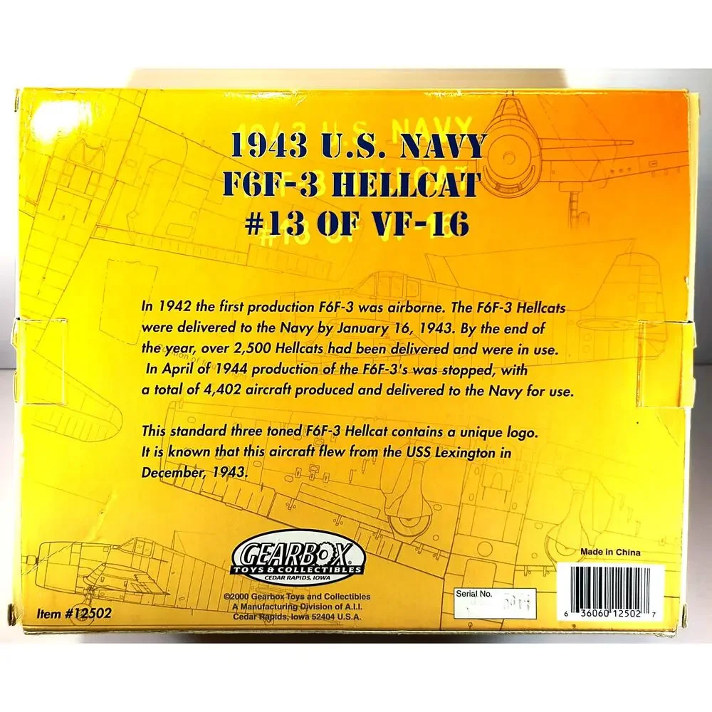 Gearbox Toys 1943 US NAVY F6F-3 HELLCAT #13 of VF-16 Coin Bank With Stand, Usedt